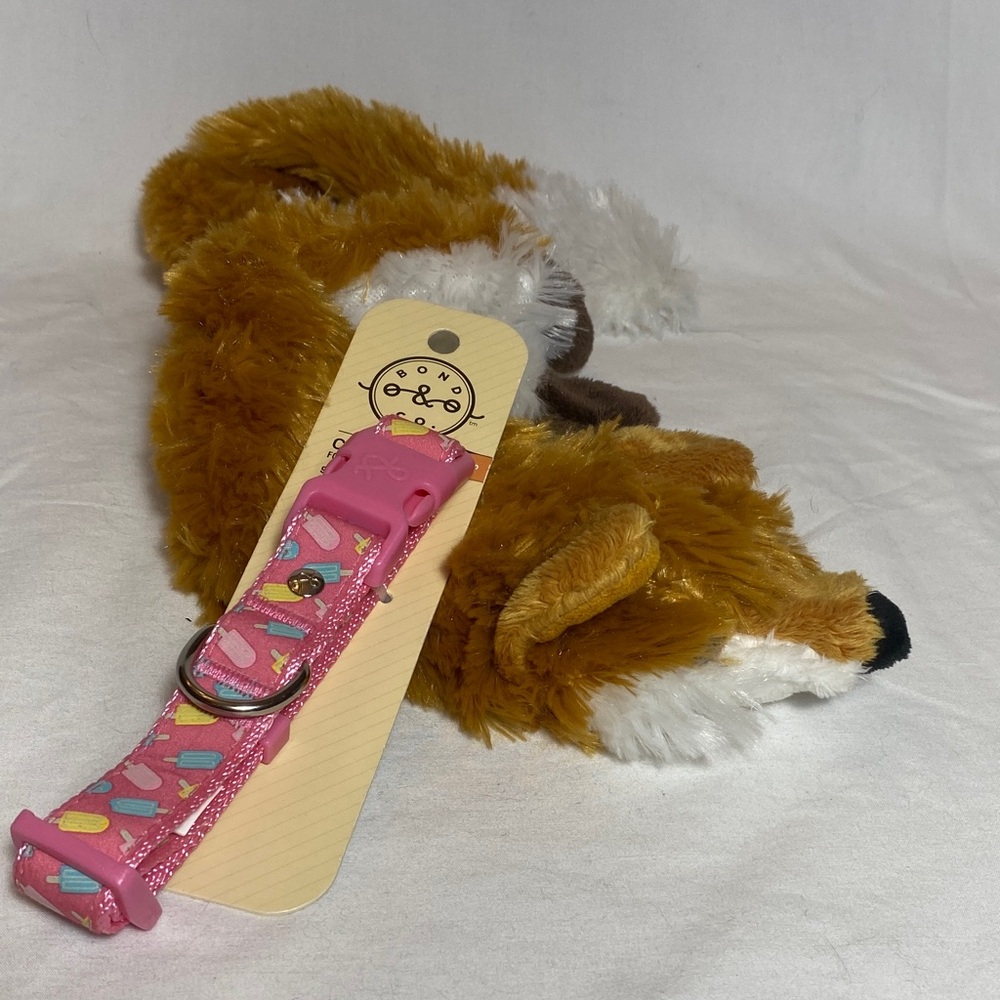 Bond & Co Pink Popsicle Web Dog Collar 9-14” & Skinz Fox Toy with squeakers